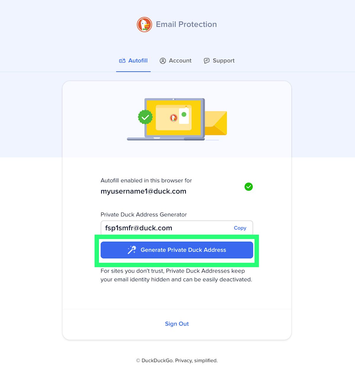 Generate DuckDuckGo email alias