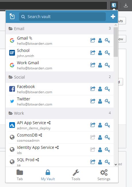 A vault listing showing website icons
