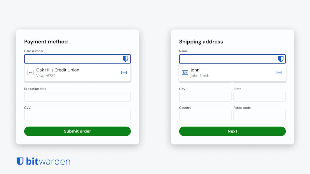Las actualizaciones del menú de autorrelleno de Bitwarden incluyen tarjetas de crédito e identidades.
