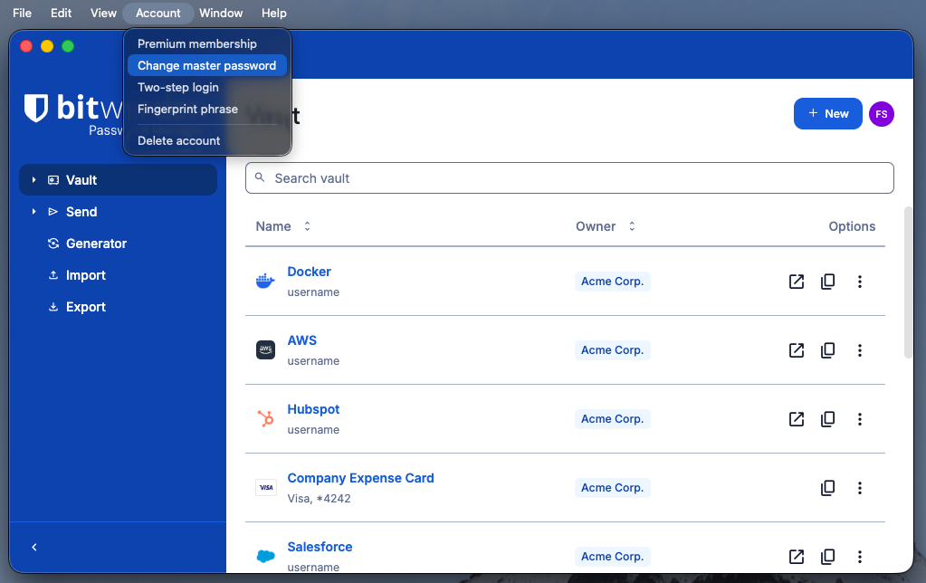 Change master password on desktop