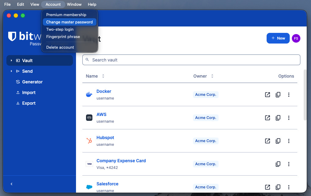 Change master password on desktop