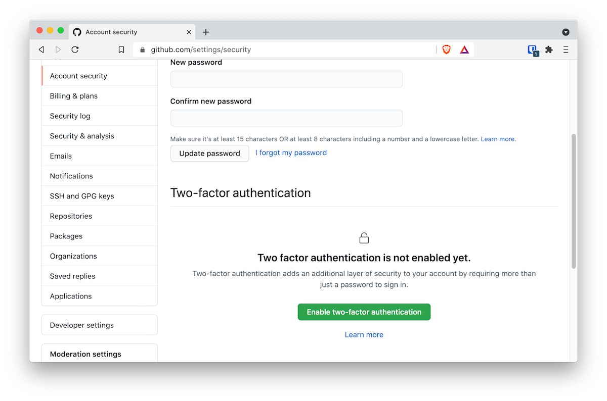 Enabling two-factor authentication in GitHub