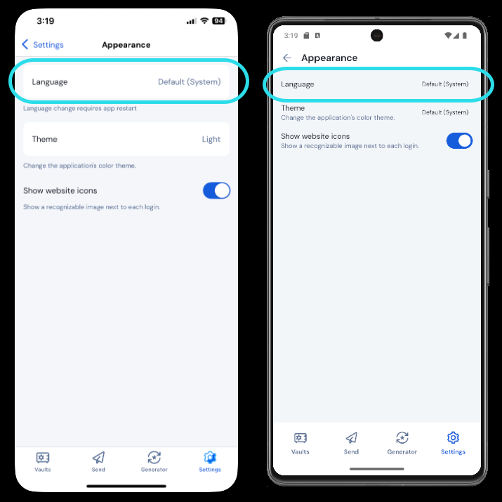 Mobile app language setting