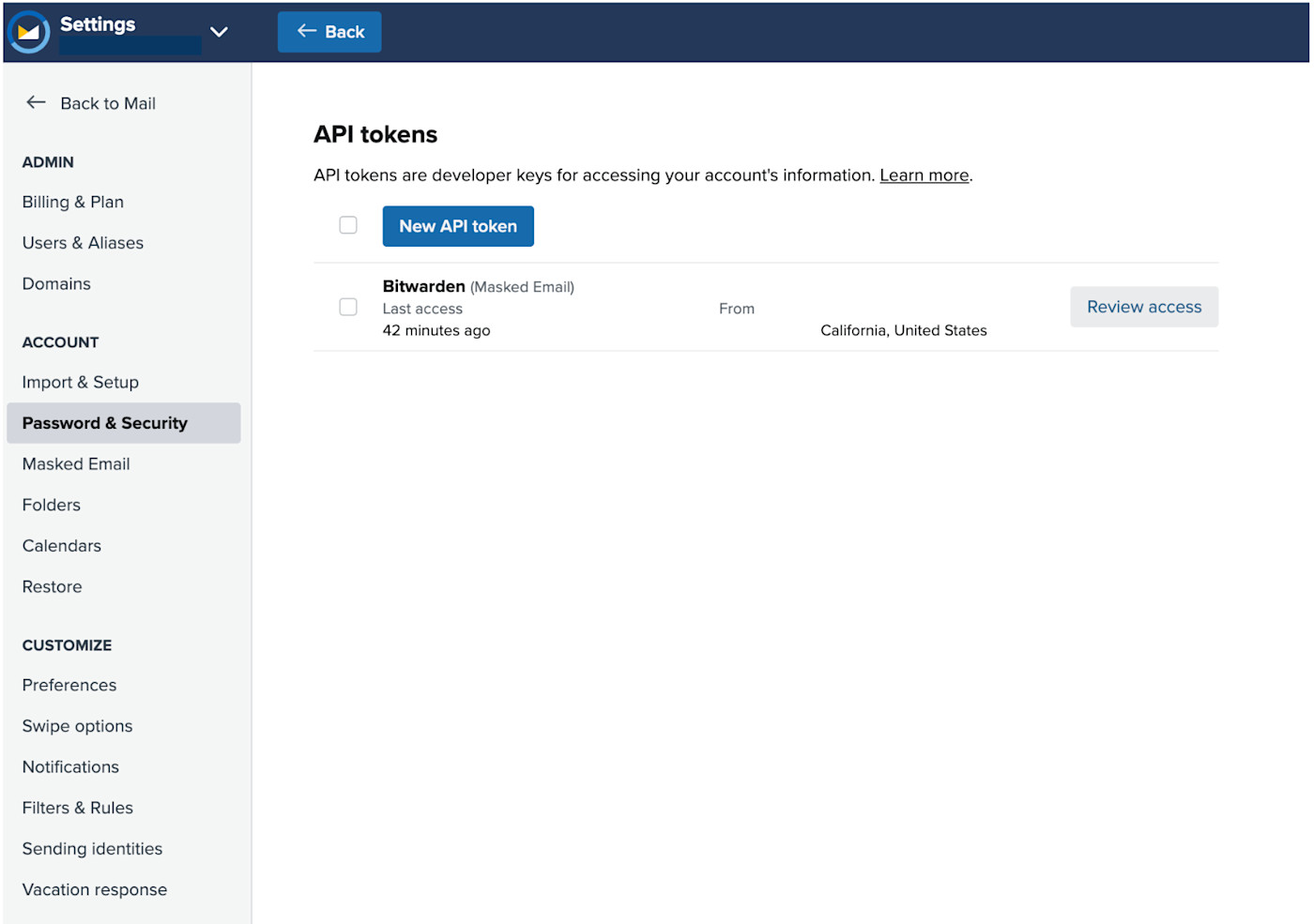 Generate an API token in Fastmail 