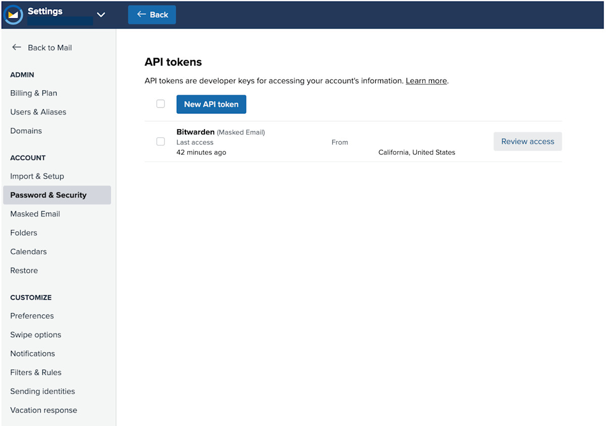 Generate an API token in Fastmail
