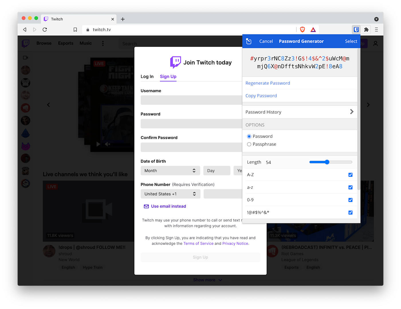 Generate a password for your Twitch account with the Bitwarden browser extension