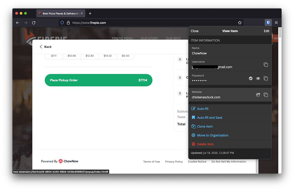 Opening ChowNow item within the Bitwarden browser extension shows item is named under chickenascluck.com.