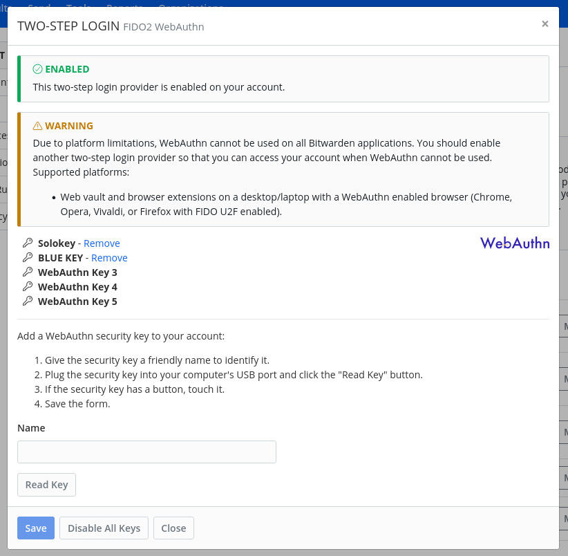 Figure C: The physical key manager window