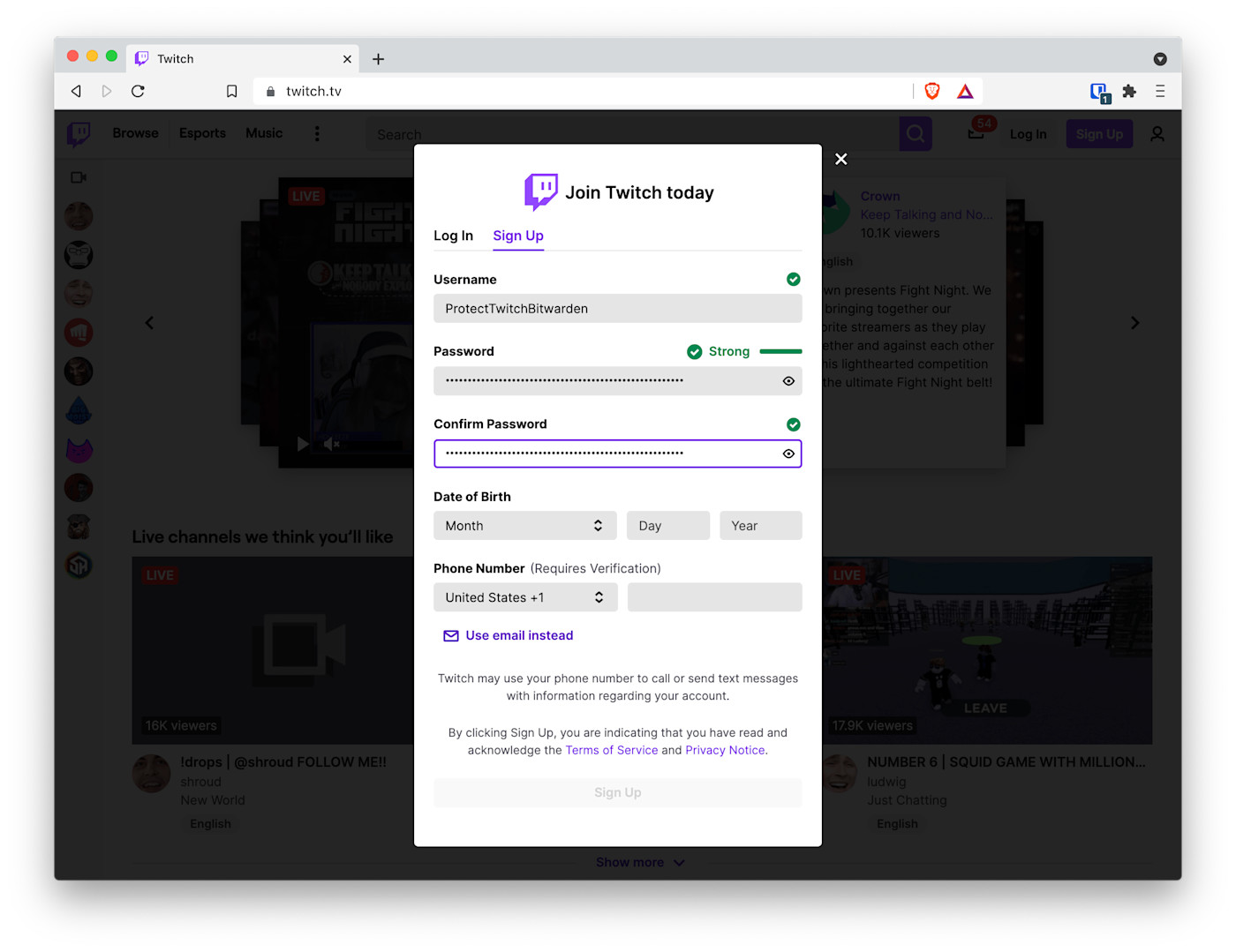 Using the Bitwarden browser extension to autofill Twitch login