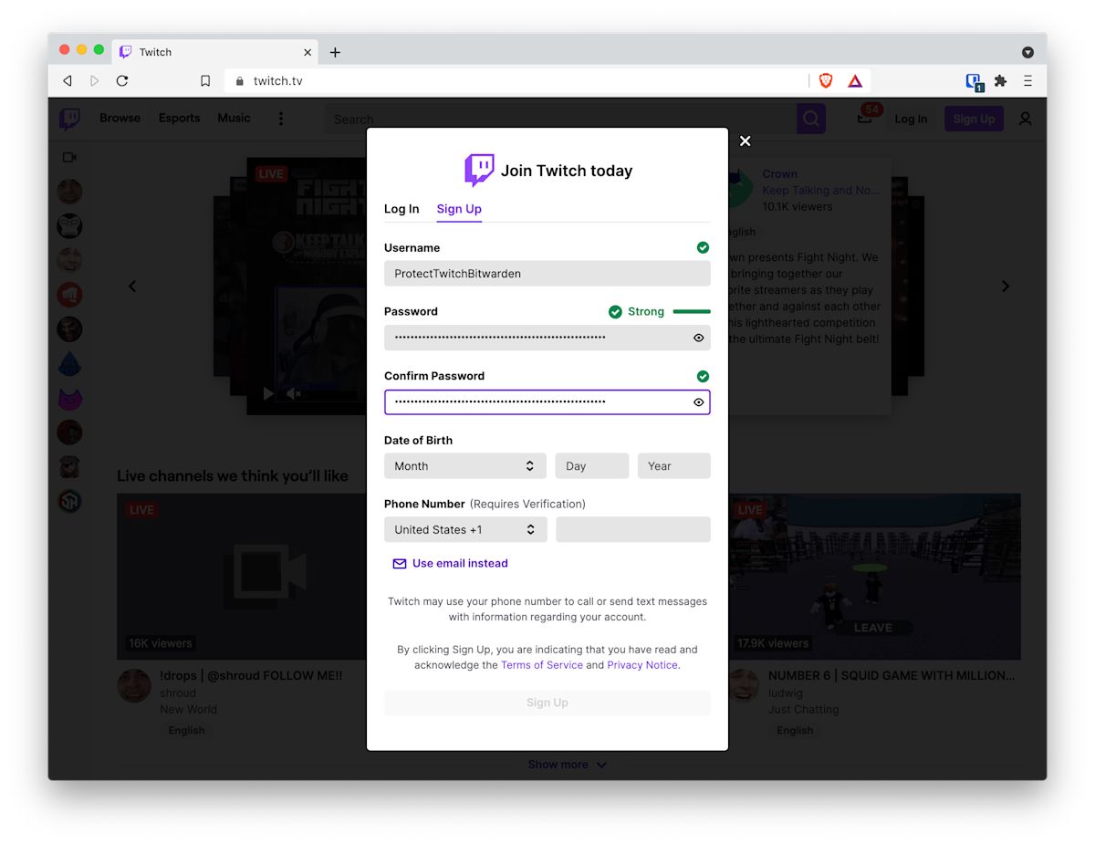 Using the Bitwarden browser extension to autofill Twitch login