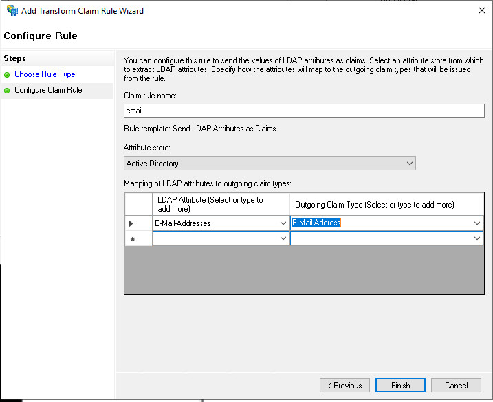 AD FS Configure Claim Rule screen