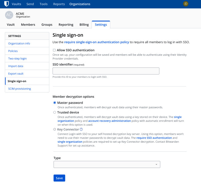The SSO selection window for Bitwarden Password Manager later this quarter. - The SSO selection window for Bitwarden Password Manager later this quarter.