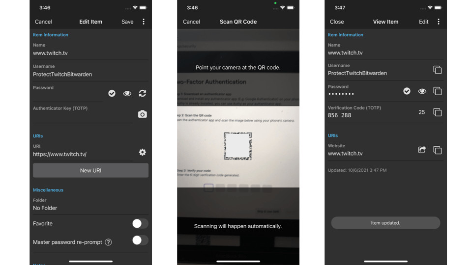 Scanning the QR code to link your Bitwarden account to Twitch's Two-Factor Authentication