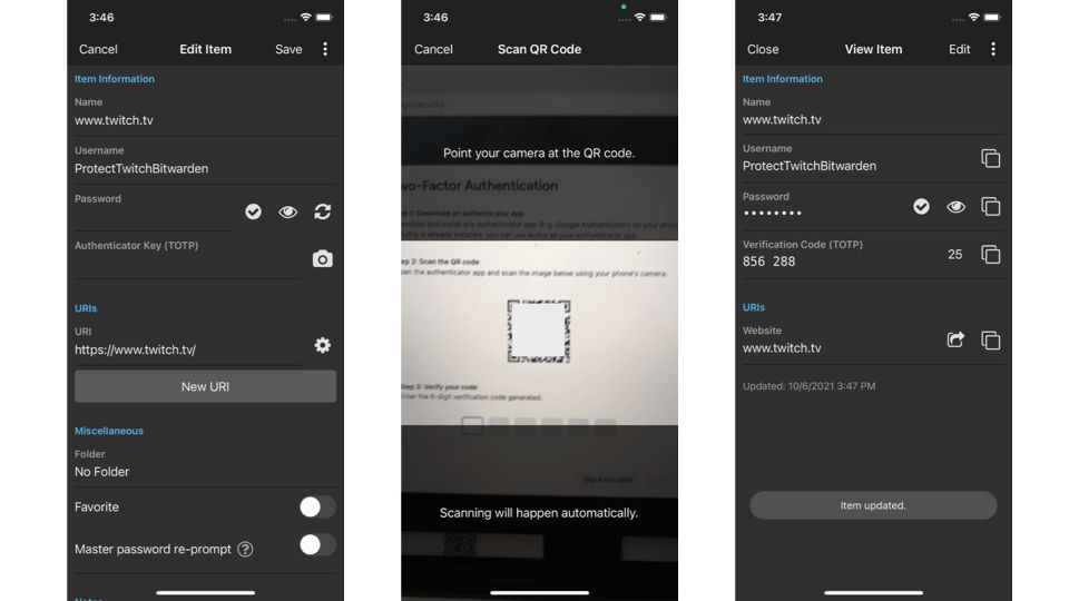 Scanning the QR code to link your Bitwarden account to Twitch's Two-Factor Authentication