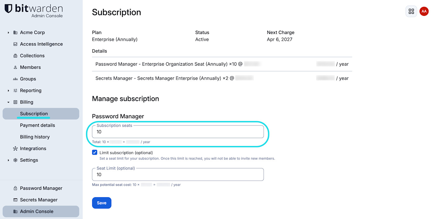 Set Subscription seats