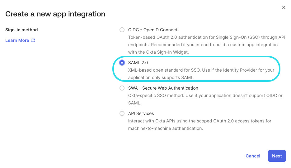 Create new app for SAML 2.0