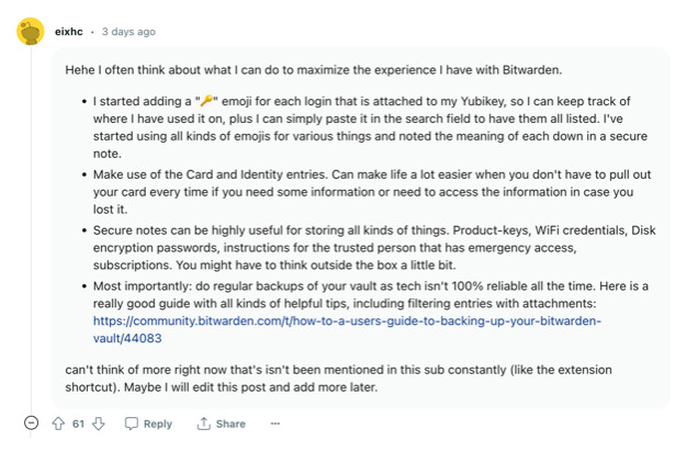 Reddit user eixhc details how they maximize their Bitwarden experience when using hardware keys
