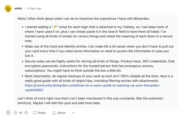 Reddit user eixhc details how they maximize their Bitwarden experience when using hardware keys