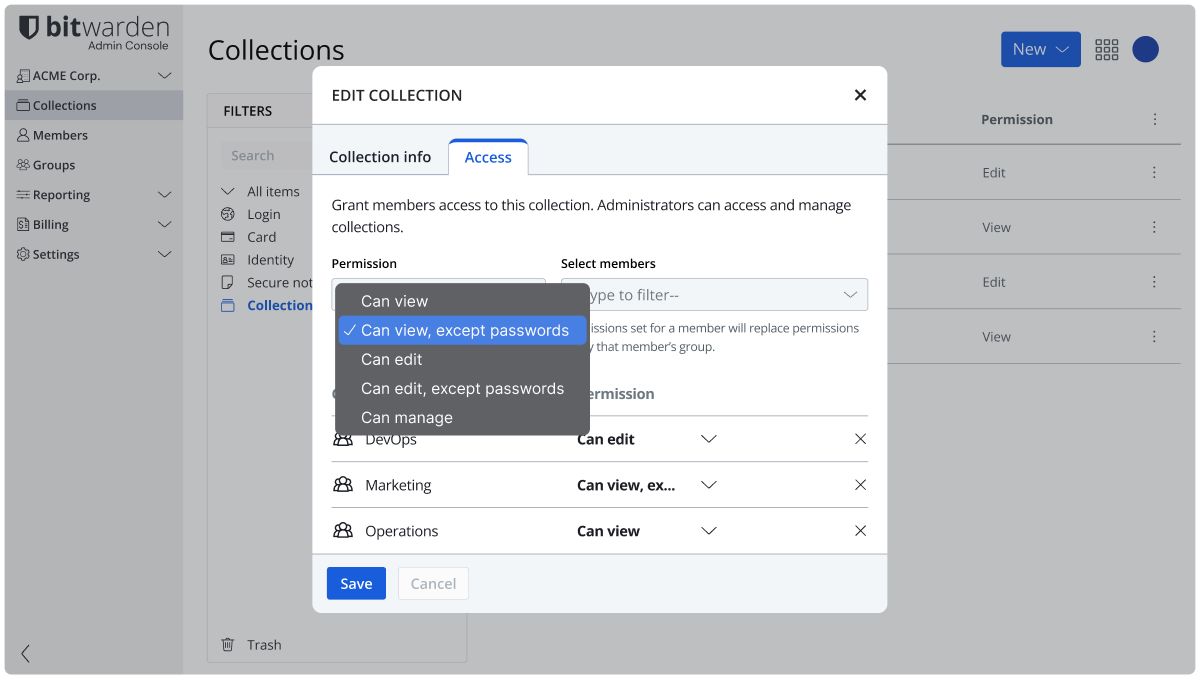 Selecting the “Hide Passwords” box on Bitwarden Vault