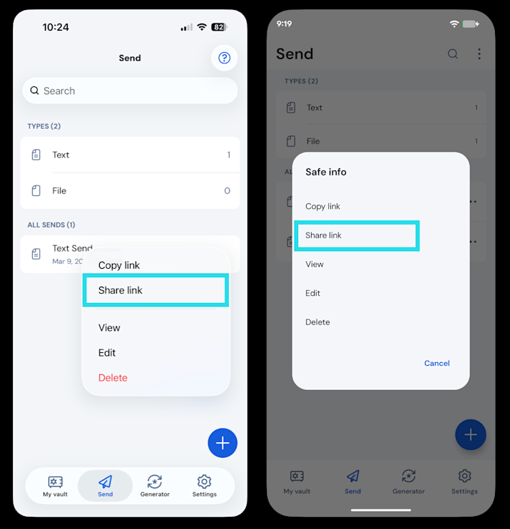 Share a send on mobile