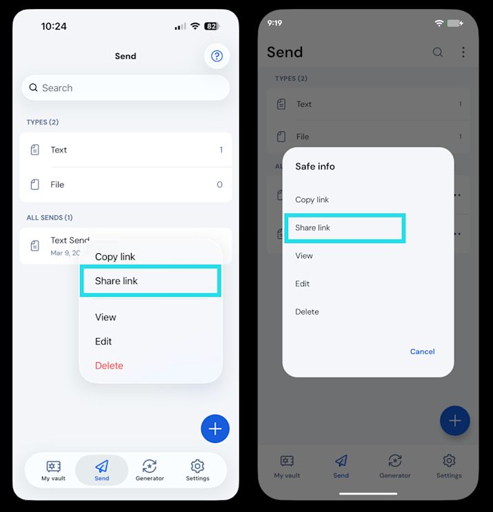 Share a send on mobile
