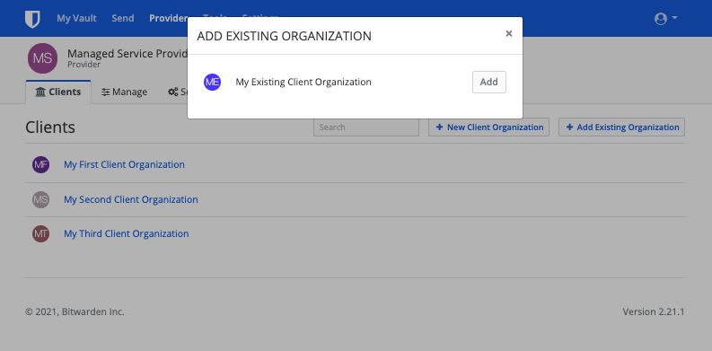 Adding an Existing Organization