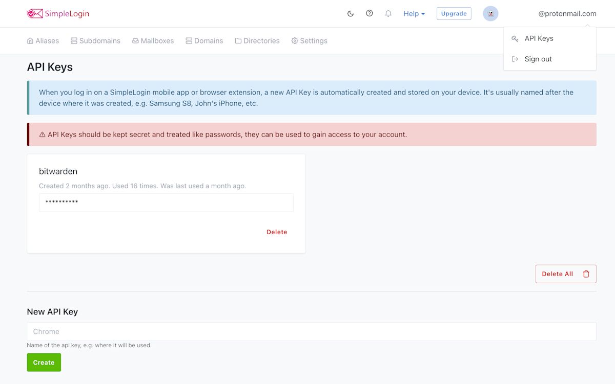 SimpleLogin API Keys