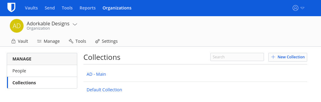 Figure 7: The Collections section of Organizations in Bitwarden.