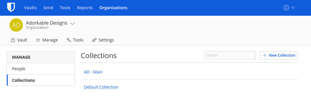 Figure 7: The Collections section of Organizations in Bitwarden.