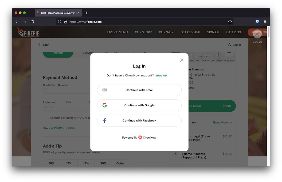 ChowNow log in dialogue appears