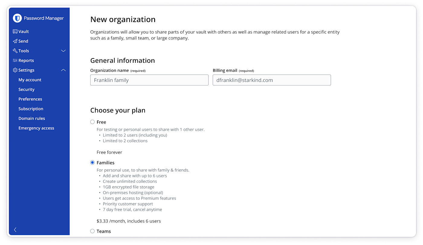 Choose a Family Organization.
