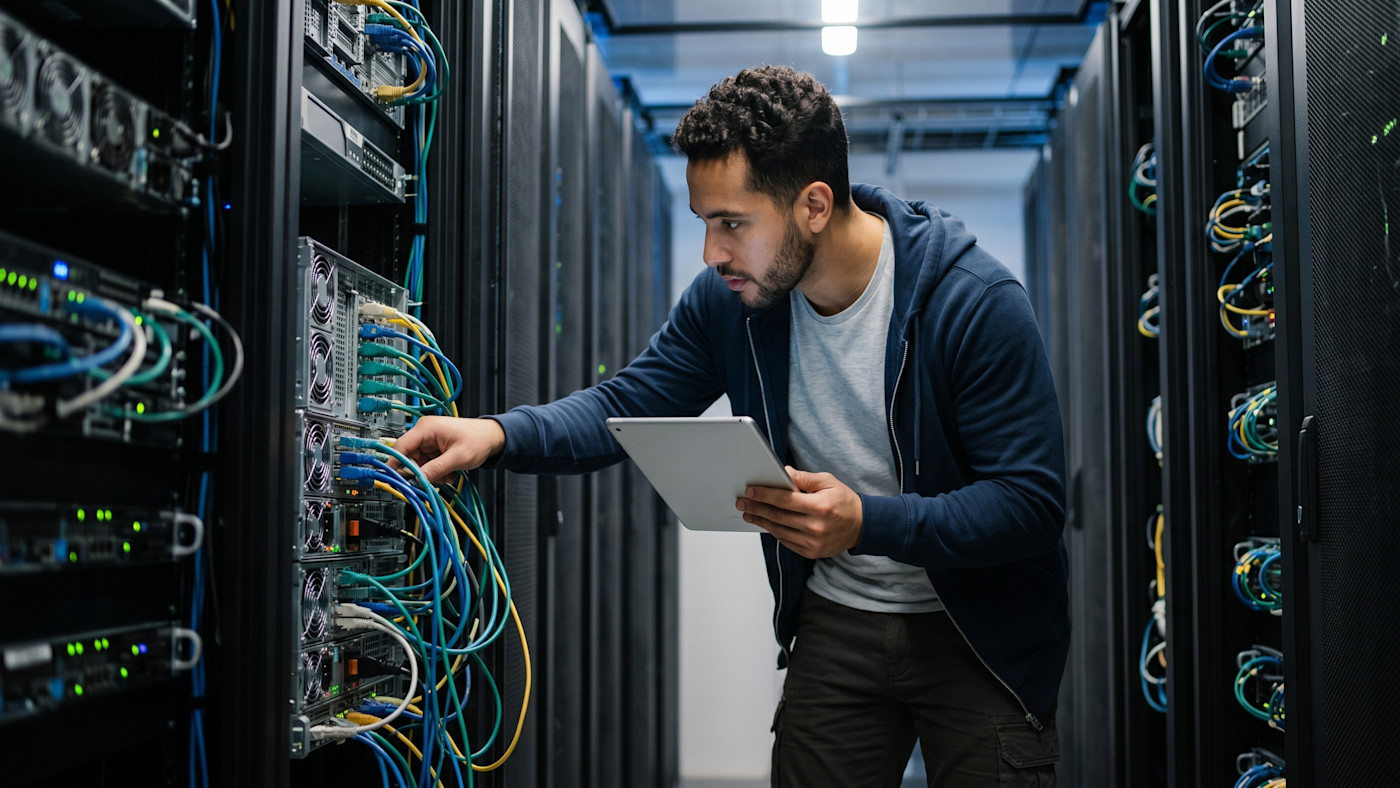AI Stock ET Man in Server Room V1 3840x2160