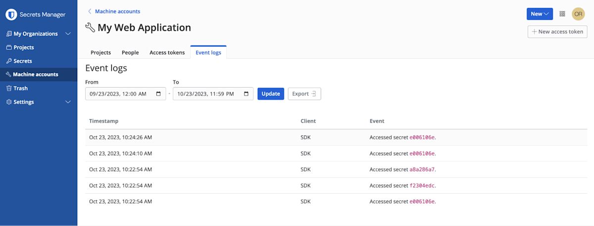 Event logs in Bitwarden Secrets Manager