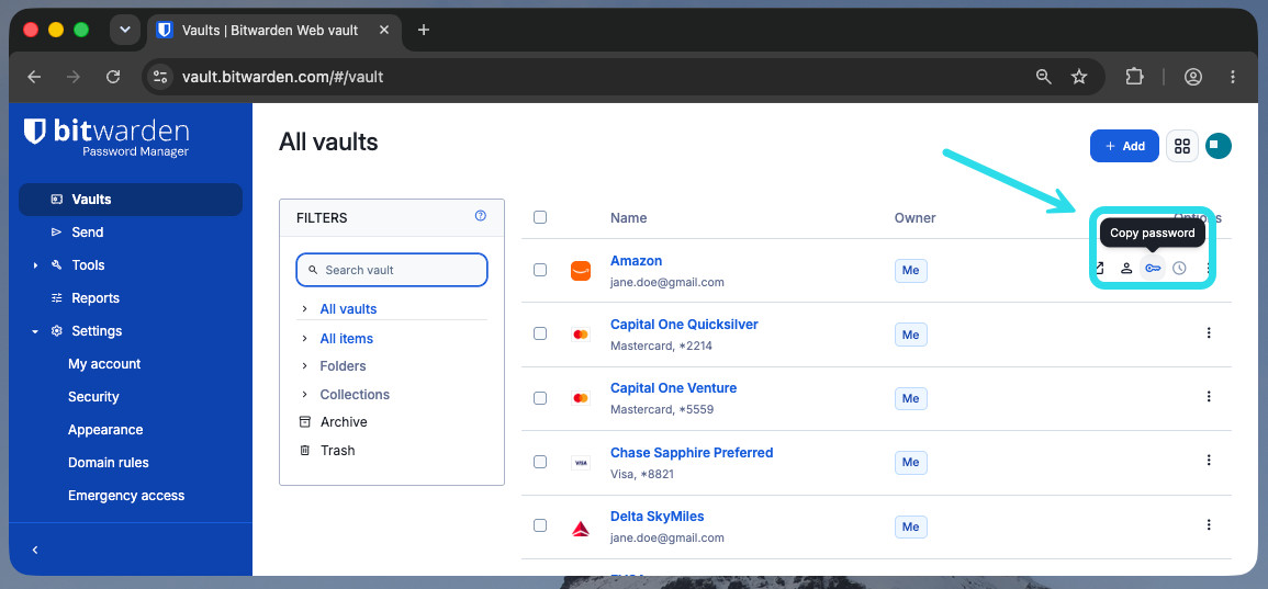 Quick copy in web app
