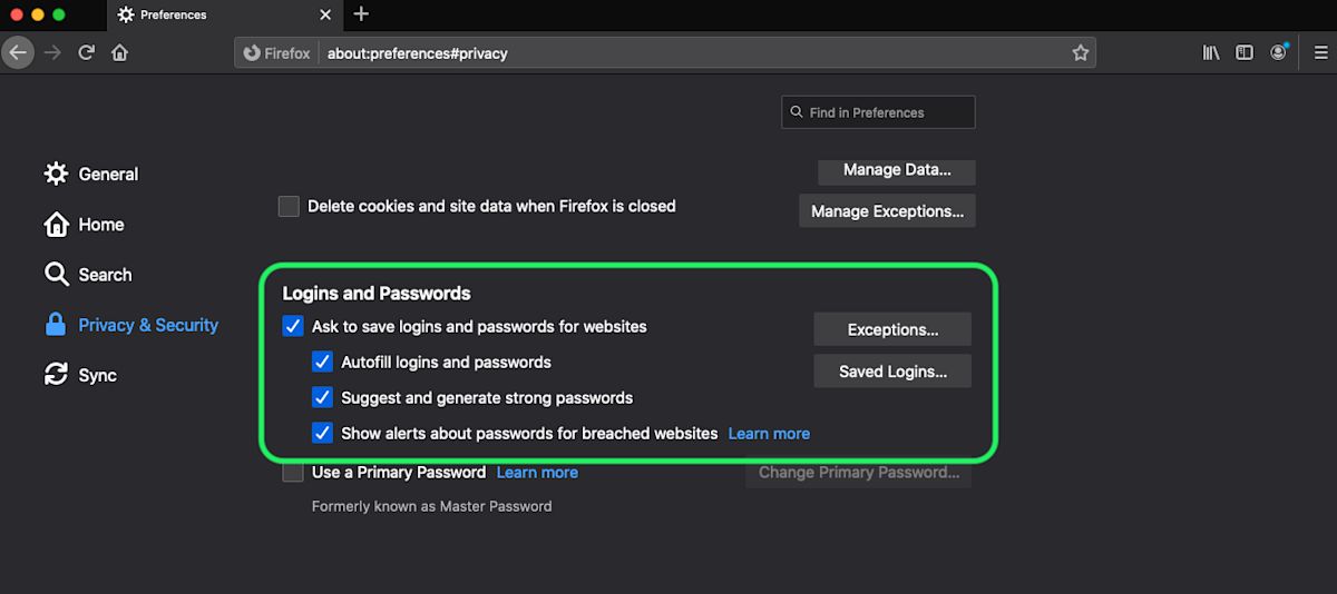 Options de mot de passe Firefox 