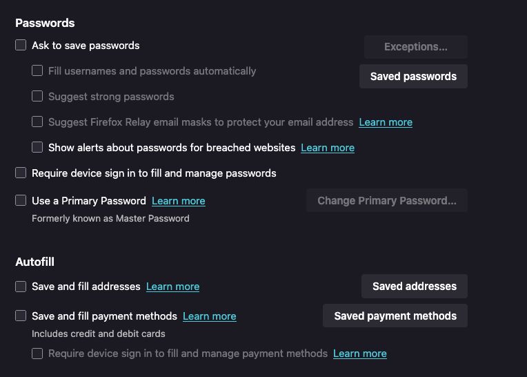 Options de mot de passe Firefox 