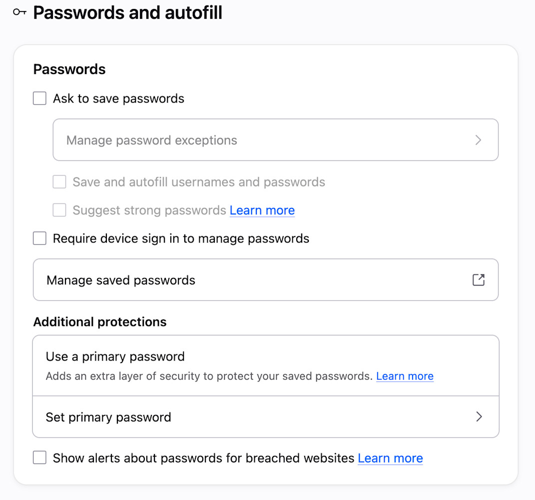 Firefox password options 