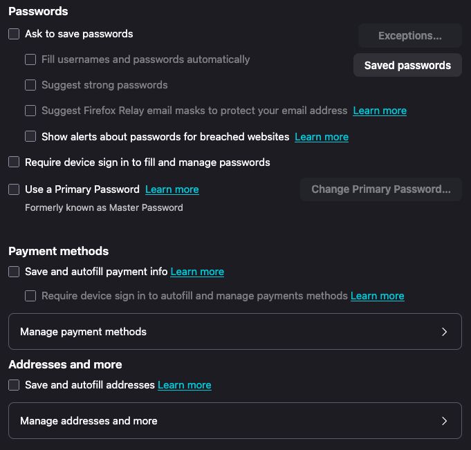 Firefox password options 