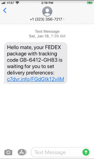 Exempel på smishing-attack (Proofpoint)