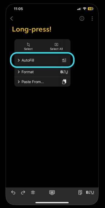 Long-press a text field on iOS