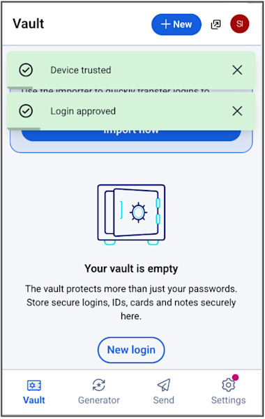 Browser extension successfully logged in and trusted