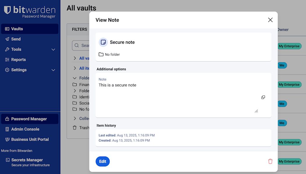 Secure note item