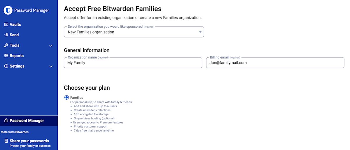 Accept free Bitwarden families