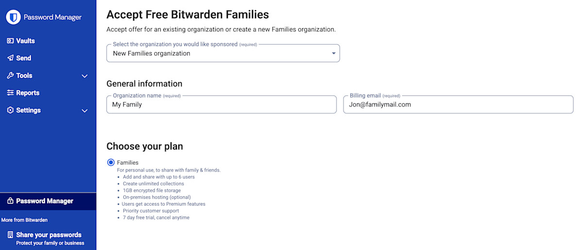Accept free Bitwarden families