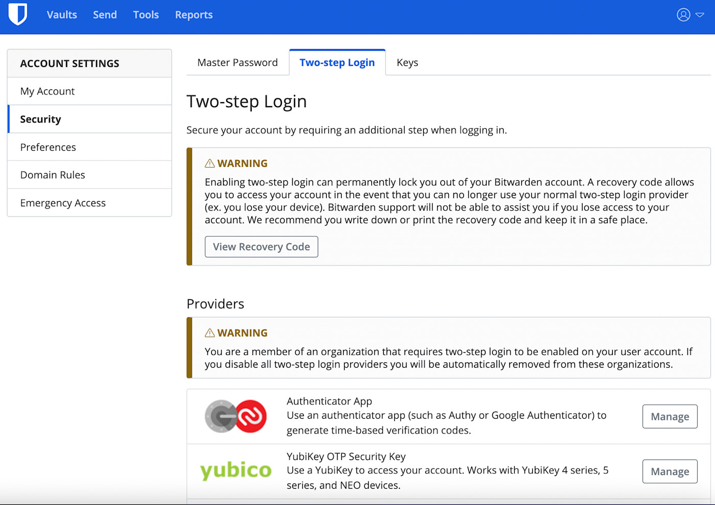 two-step login in Bitwarden