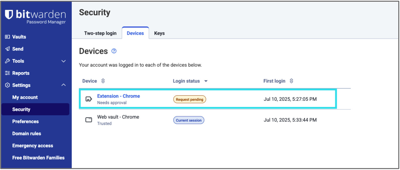 Use the web app to approve and trust the login from your extension
