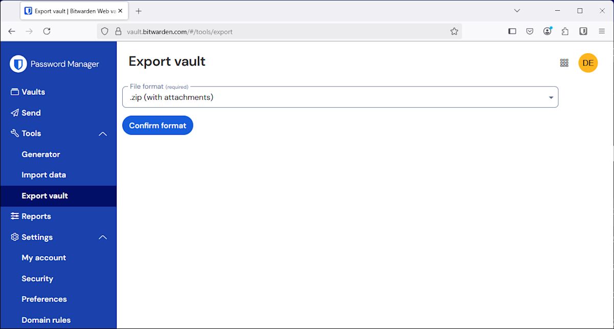 Export vault window