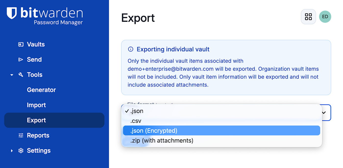 Bitwarden offline backup makes it easy to back up your Bitwarden passwords by exporting into several formats, including CSV, JSON, and encrypted JSON by navigating to Tools → Export.