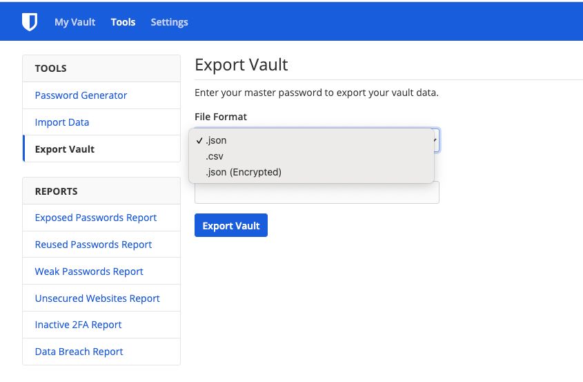 Bitwarden offline backup makes it easy to back up your Bitwarden passwords by exporting into several formats, including CSV, JSON, and encrypted JSON by navigating to Tools → Export Vault.