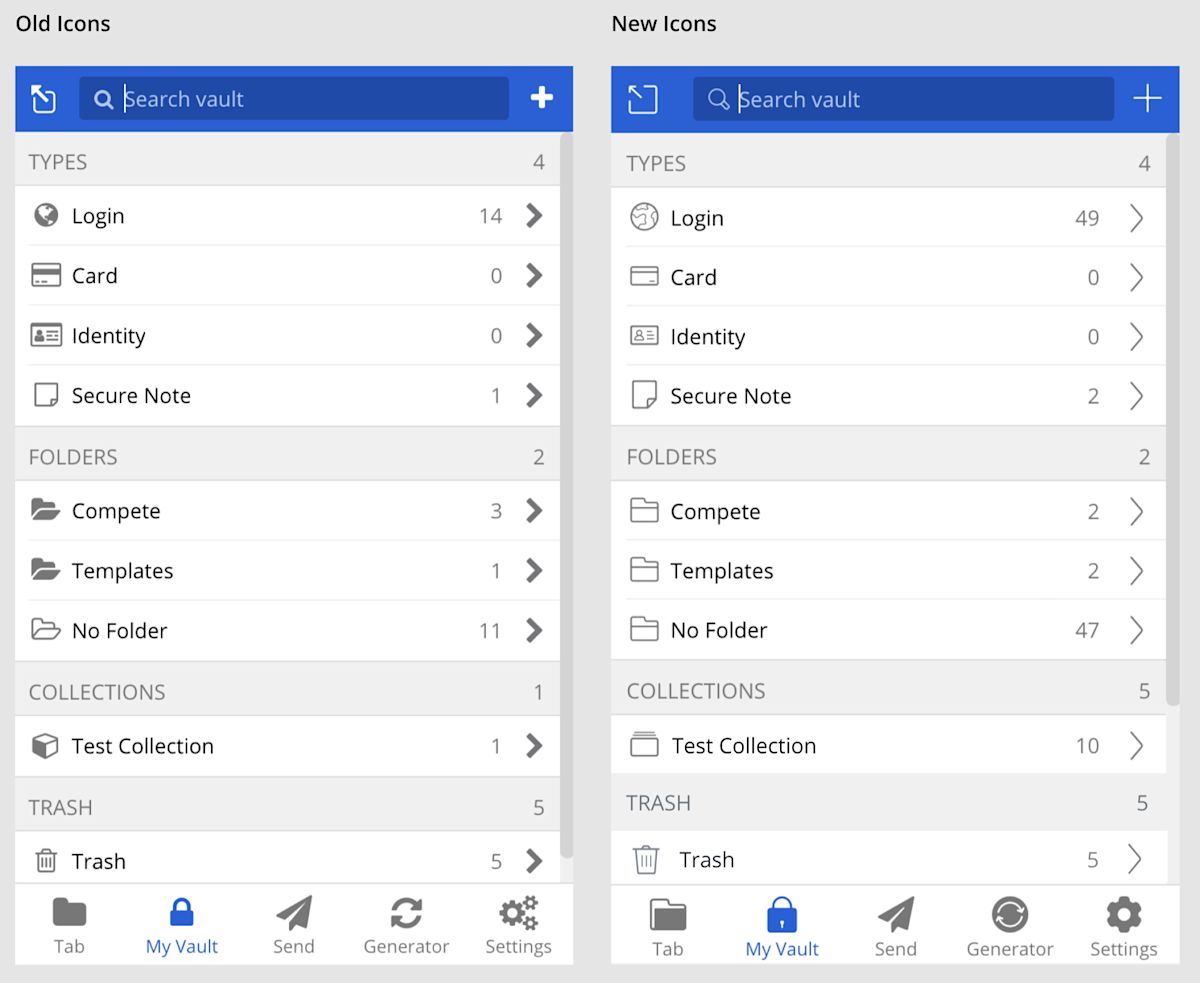 Comparison of Bitwarden's New Vault Icons